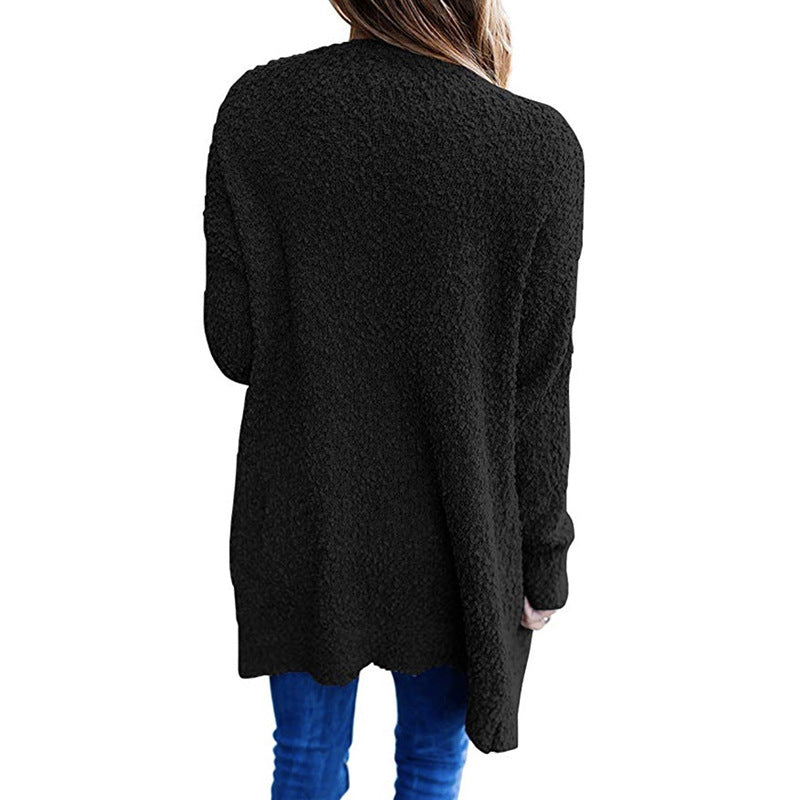 long sweater dress outfit Autumn and Winter Knitwear Solid Color Fleece Double Pocket Cardigan Sweater