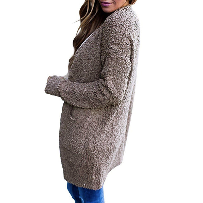 long sweater dress outfit Autumn and Winter Knitwear Solid Color Fleece Double Pocket Cardigan Sweater