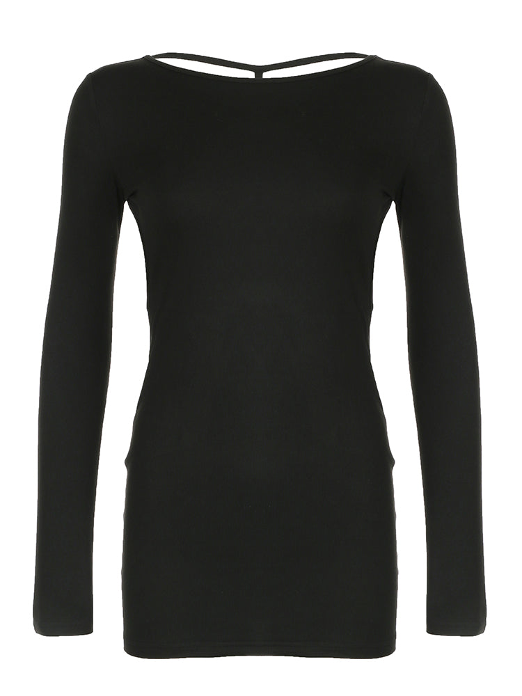 BXOXO - summer inspo Backless Chic Fashion Skinny Sexy Long Sleeve Short Dress Women Rave Baddie Clubwear Black Solid Party Dresses