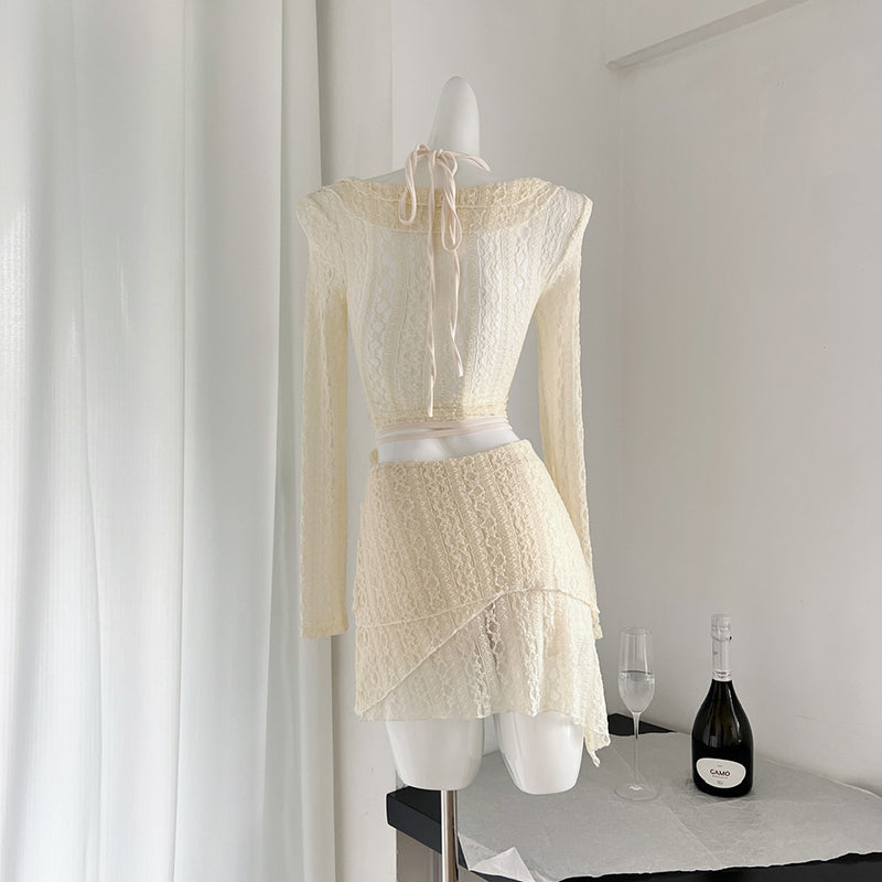BXOXO - summer inspo Spring/Summer New Spicy Girls Set Irregular Skirt Sweet Long Sleeve Top Women Fashion Beach Style Two-Piece Set