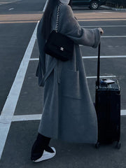 BXOXO Long Sleeves Loose Pockets Solid Color Tied Waist Notched Collar Cardigan Coats