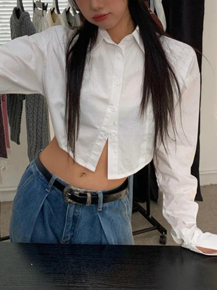 White Button Front Cropped Long Sleeve Blouse