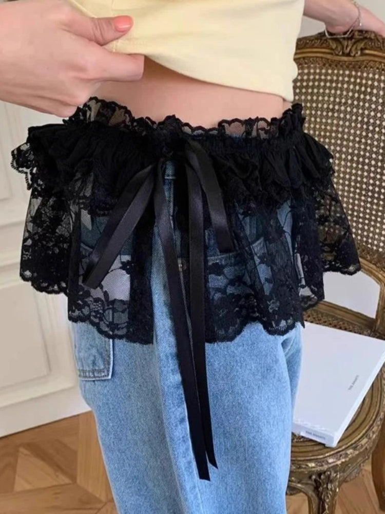 BXOXO Korean Style Lace Mini Skirts Women Y2k Elegant Sweet Lolita Short Skirts Cute Streetwear Black Ruffle Skirt High Waist