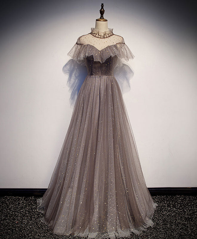 BXOXO Unique Tulle Long Prom Dress, Tulle Gray Evening Dress