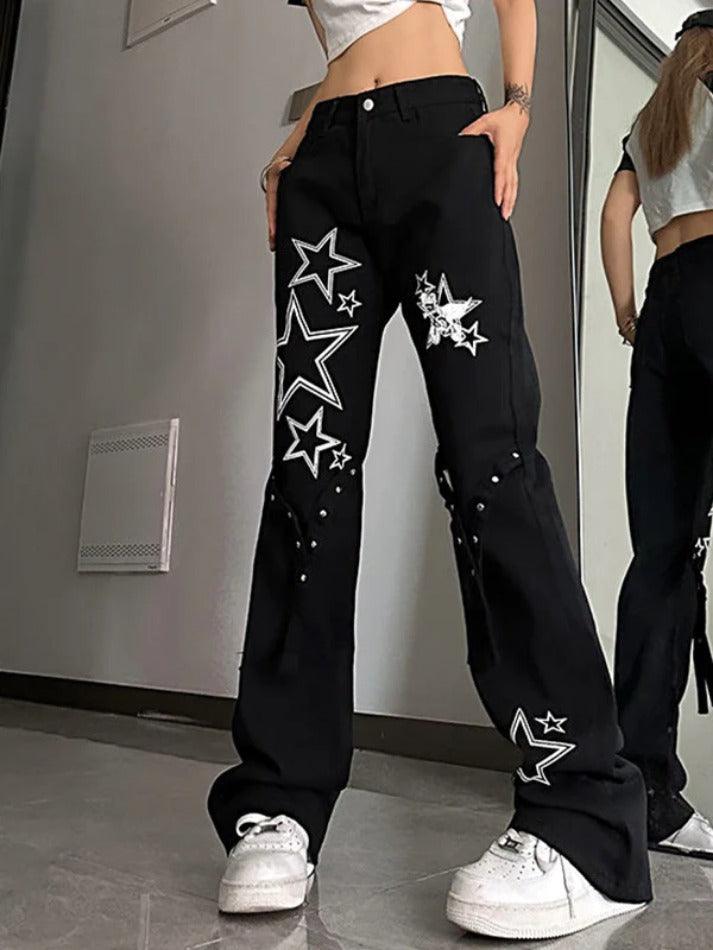 Star Print High Waist Flared Boyfriend Jeans