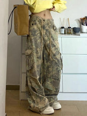 BXOXO Vintage Y2k Camouflage Cargo Pants Women Hip Hop Style Wide Leg Camo Pants Tie-dye Streetwear Grunge Aesthetic 90s Pants