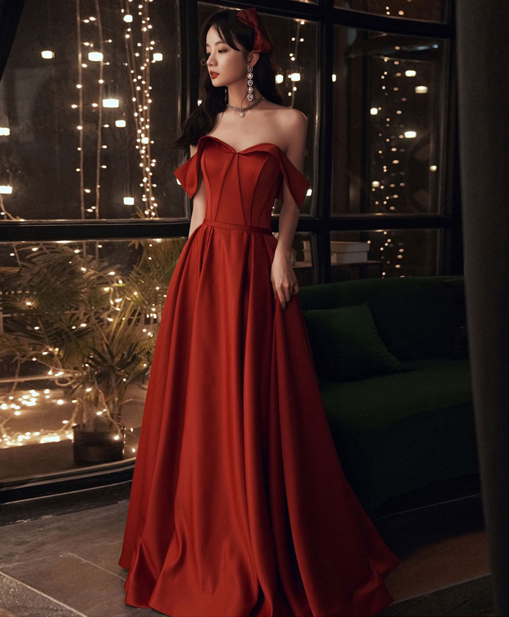 BXOXO Simple Red Satin Long Prom Dress, Burgundy Formal Graduation Dresses