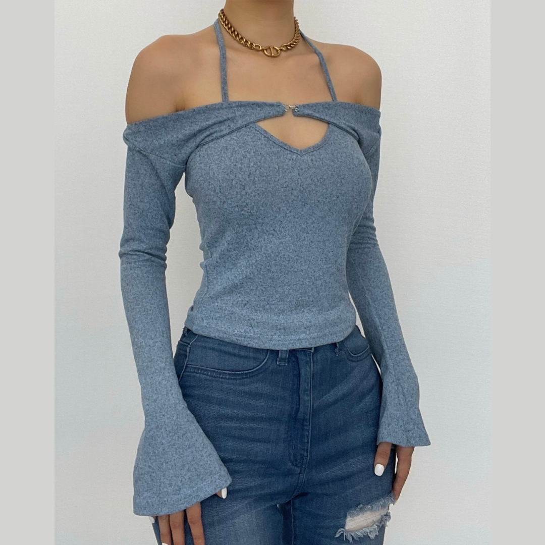 Long Sleeve off Shoulder Knitted 2 Piece Top