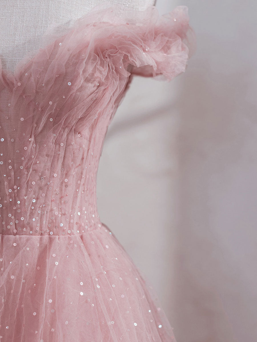 BXOXO Pink Off Shoulder Tulle Tea Length Prom Dress, Tulle Formal Dress
