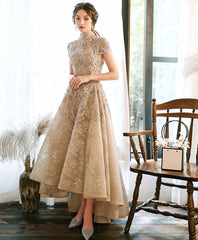 BXOXO Champagne High Neck Lace Prom Dress, Champagne Lace Formal Dress