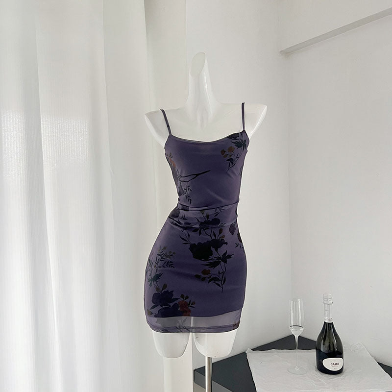 BXOXO - summer inspo 2025 Korean Fashion Purple Casual Floral Midi Dress Summer Elegant Vacation Dress Summer Women Party Strap Dress