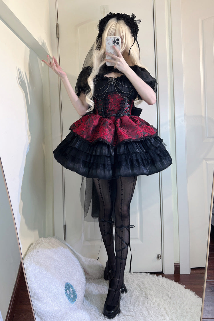 BXOXO - Black/Red Ancient Dream of the Dark Night Print Ruffle Gothic Lolita Jsk Dress