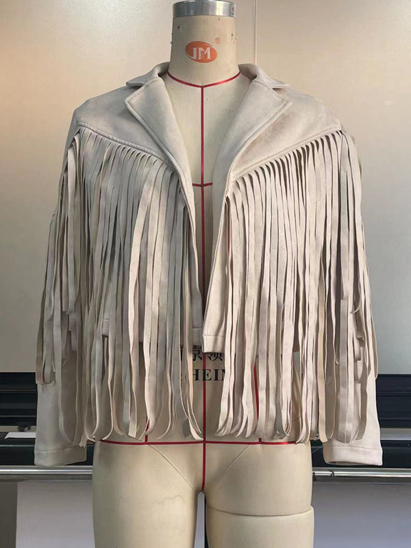 BXOXO Long Sleeves Solid Color Split-Joint Tasseled Notched Collar Jackets