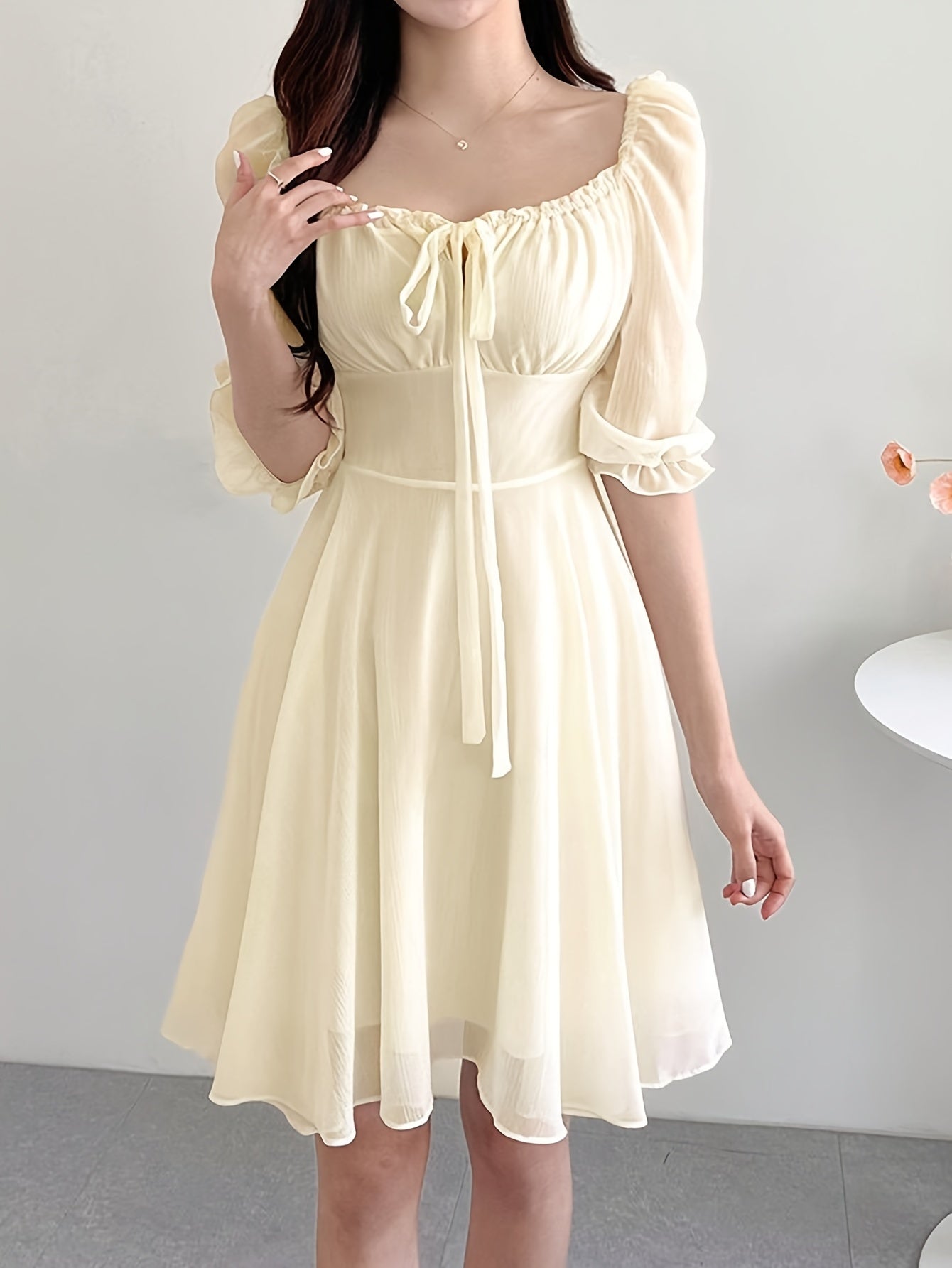 BXOXO Solid Color Square Neck Dress, Elegant Short Sleeve Tie Waist A-line Flowy Dress for Spring & Summer, Women's Clothing