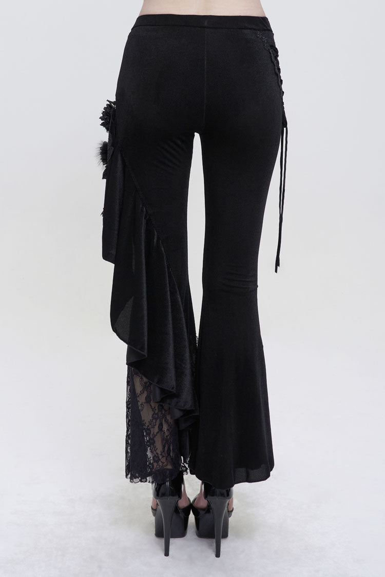 BXOXO Black Velvet Single Side Stitching Rose Net Side Rope Decoration Asymmetric Pattern Flare Women's Gothic Pants