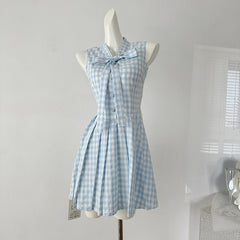 BXOXO - summer inspo French Style Blue Checkered Vacation Style Small Flying Sleeve Dress Summer Chic Design Sleeveless Dress