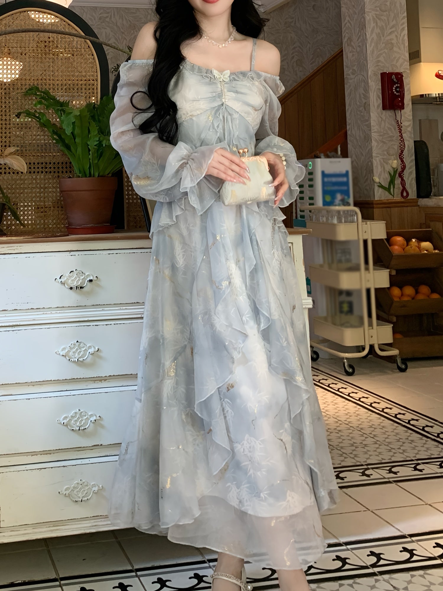 BXOXO Lavender Blue Ombre Dress - Elegant Floral Print, Long Sleeve, Off-Shoulder, A-Line Silhouette, Ruffle Detail, Polyester, Perfect for Spring & Summer