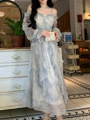 BXOXO Lavender Blue Ombre Dress - Elegant Floral Print, Long Sleeve, Off-Shoulder, A-Line Silhouette, Ruffle Detail, Polyester, Perfect for Spring & Summer