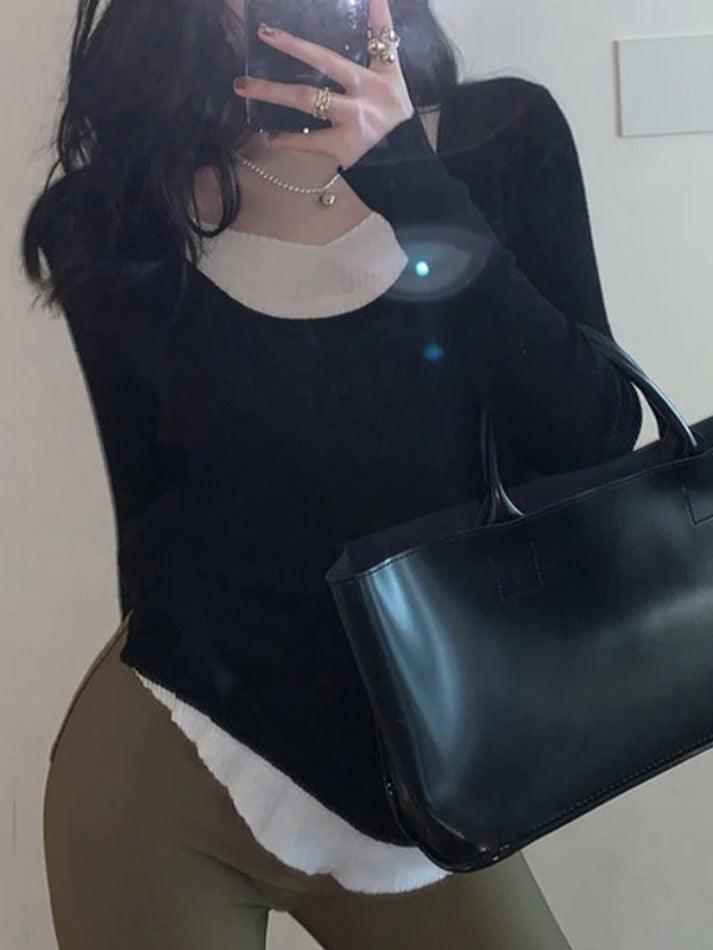 V Neck Fake Two Piece Splice Long Sleeve Knit