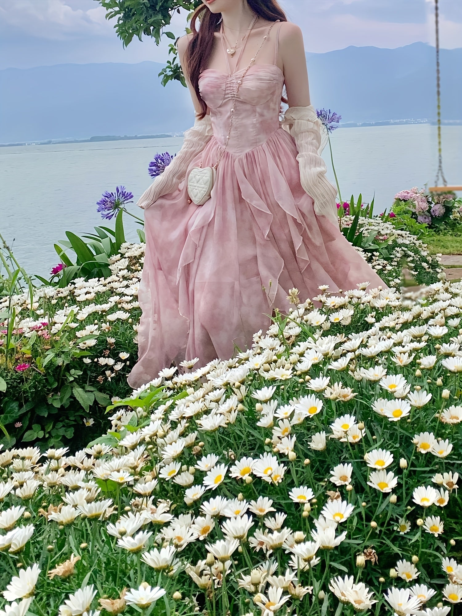 BXOXO [French Style] Cherry Blossom Pink Tie-Dye Suspender Dress - French Style, Gradient Dyeing, Floral Irregular Hem - Women's Summer Vacation Long Dress