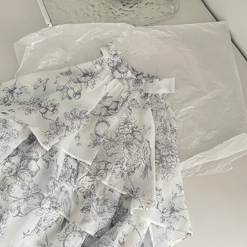 BXOXO - summer inspo New Chinese Style Suit Women's Summer Fashion Ink Printed Flower Halter Top A-line Mini Skirt Two-piece Set