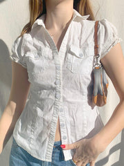 BXOXO - summer inspo Sweetown Single Breasted Puff Sleeve White Shirts For Women Button Turn Down Collar Pockets Simple Casual Safari Style Tops