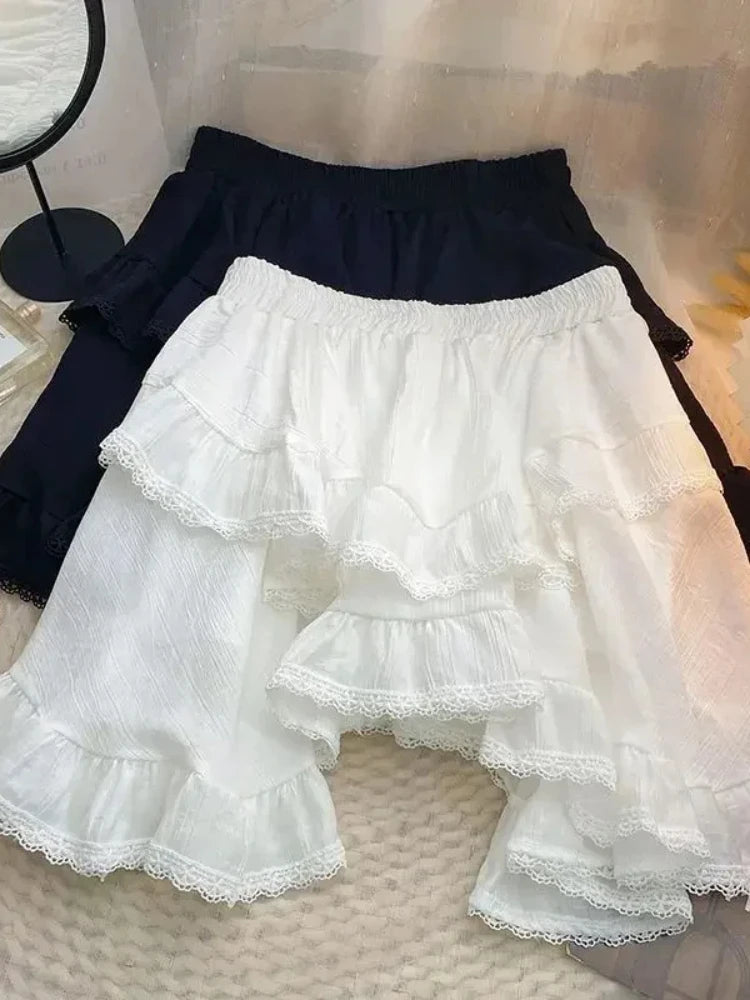 BXOXO White Irregular Ruffles Skirt Women Mini Skirts Kawaii Japanese Style Sweet Patchwork Elegant Casual Black Short Skirt