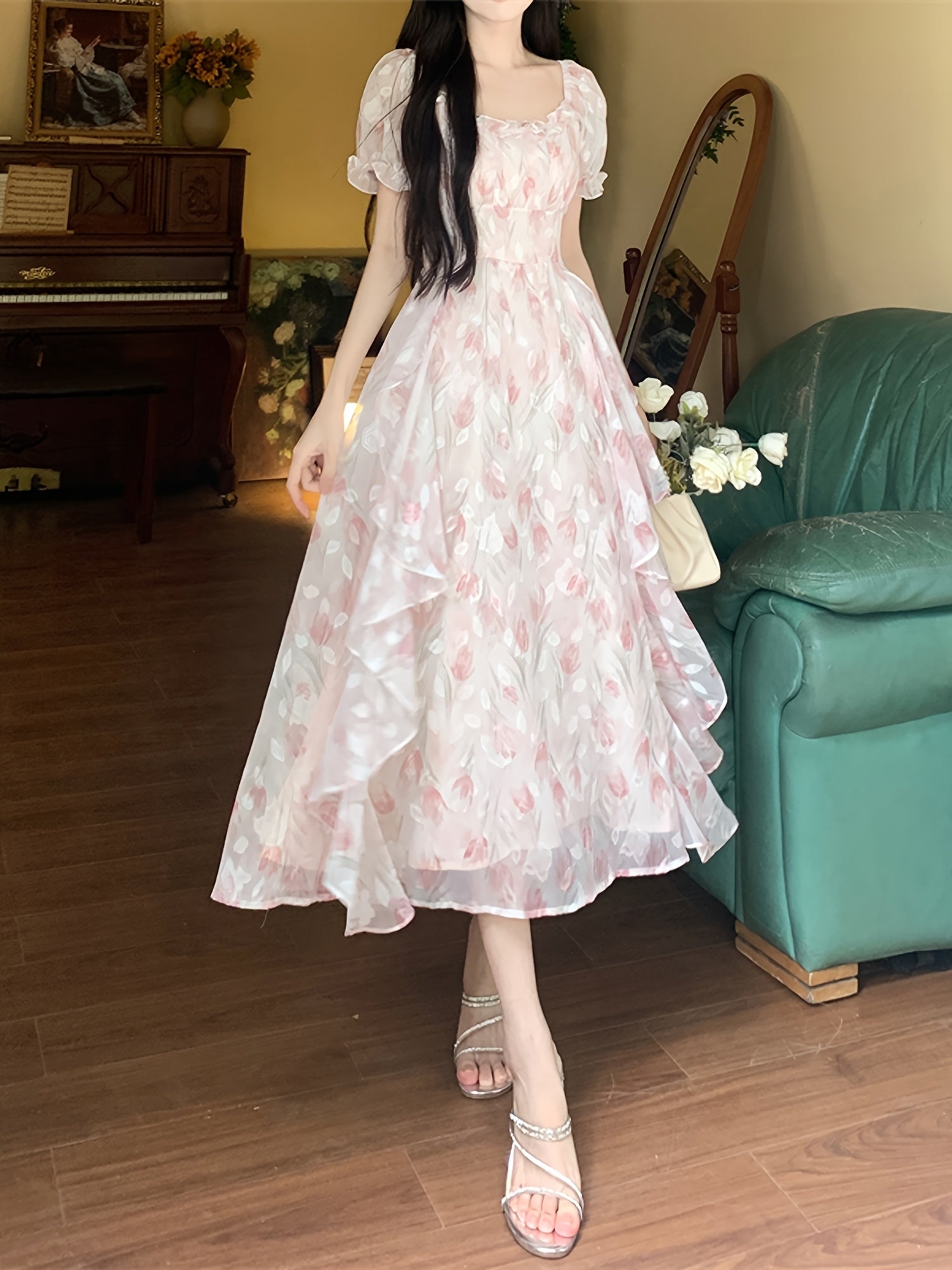 BXOXO Polyester Casual Square Neck Puff Sleeve Short Floral Midi Trapeze Fit and Flare Shirred A-Line Dress, No Belt, No Padding, H Contour, Regular Fit, Woven, 100% Polyester Lining, 90g/㎡ Fabric Weight, 56g/㎡ Lining Wei