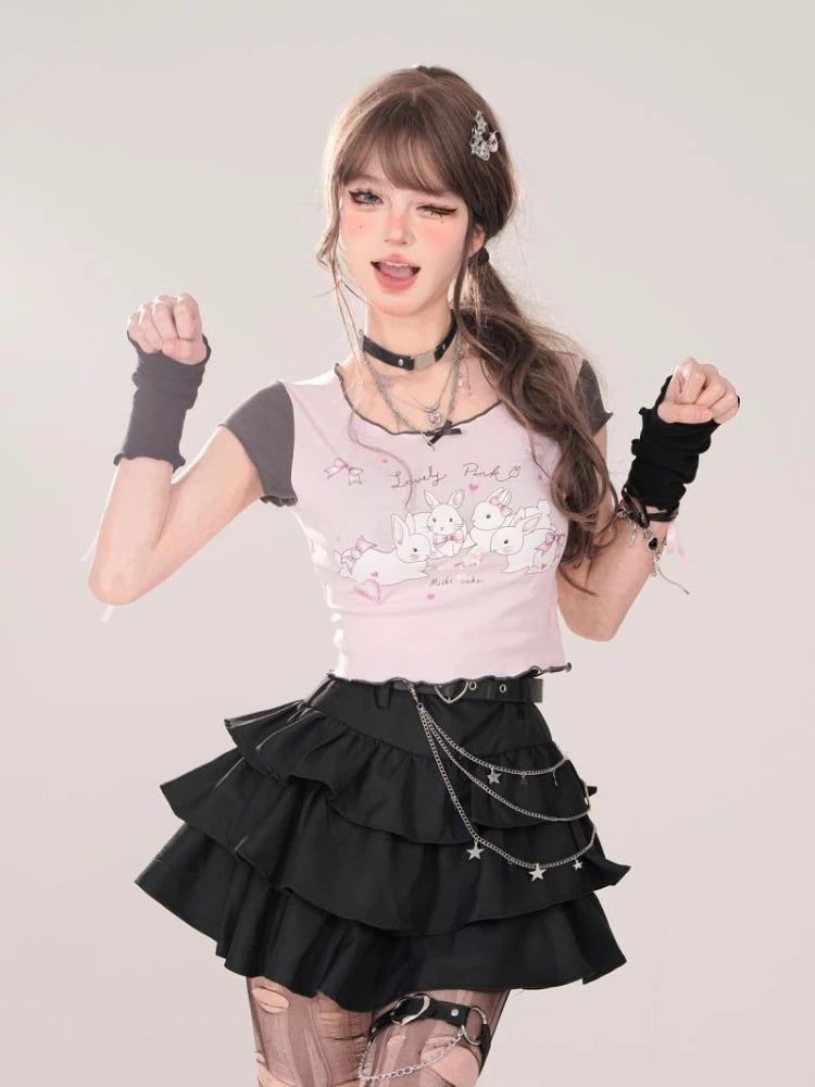 BXOXO Black Gothic Mini Skirts Women Punk Y2k Grunge Short Skirt Korean Harajuku Kawaii 2000s A-line Cake Skirts Aesthetic