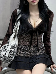 BXOXO - summer inspo Y2k Retro Leopard Lace Trim V-Neck Blouses Women Velvet Long Sleeve Chic T-Shirt Trendy Clothes Autumn New