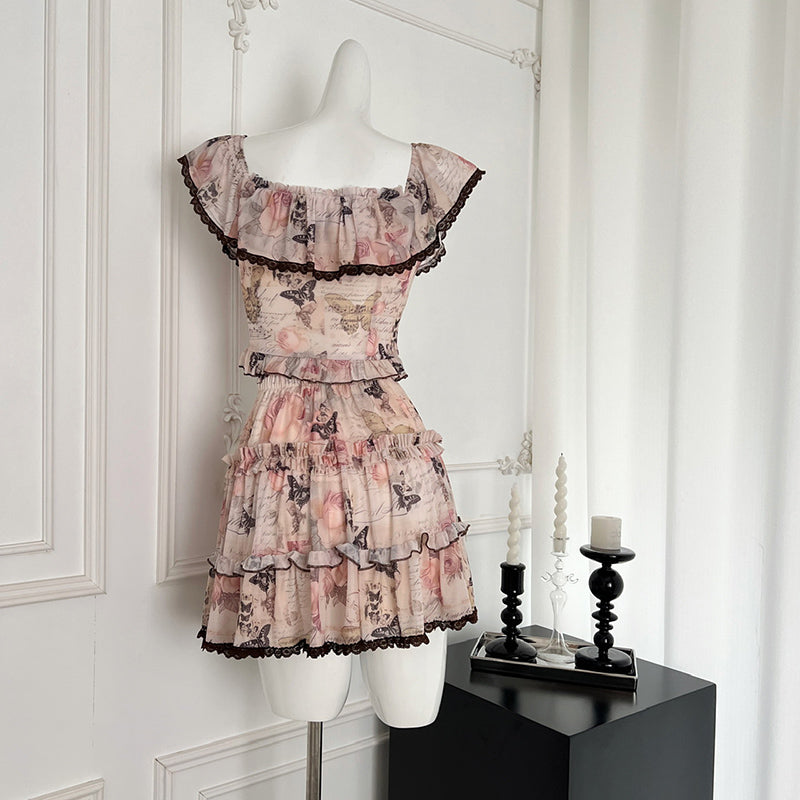 BXOXO - summer inspo Fashionable Sweet Two Piece Set Women Slash Neck Short Sleeve Tops High Waist A-Line Skirt Patchwork Ruffles Sets 2025 New