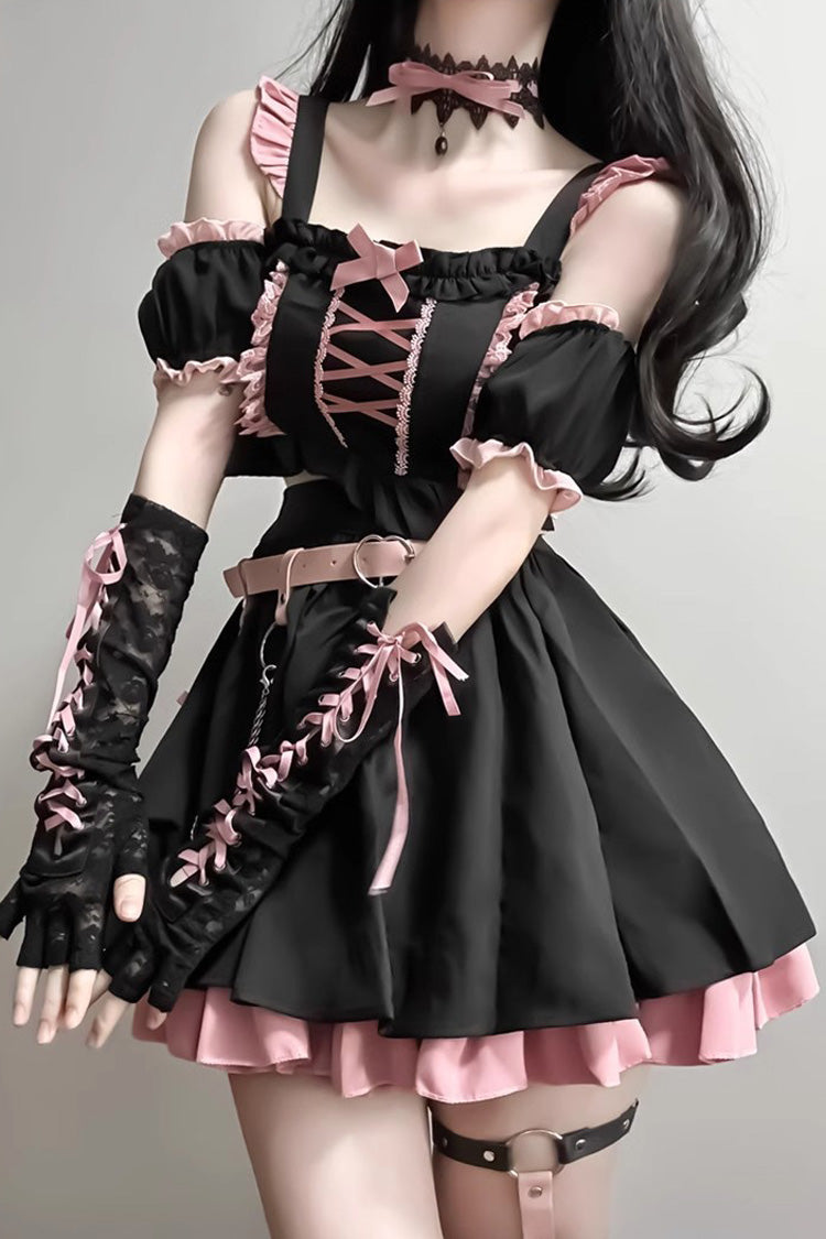 BXOXO - Black/Pink Tie Bow Gothic Sweet Lolita Strapless Skirt Dress 2 Pieces Set