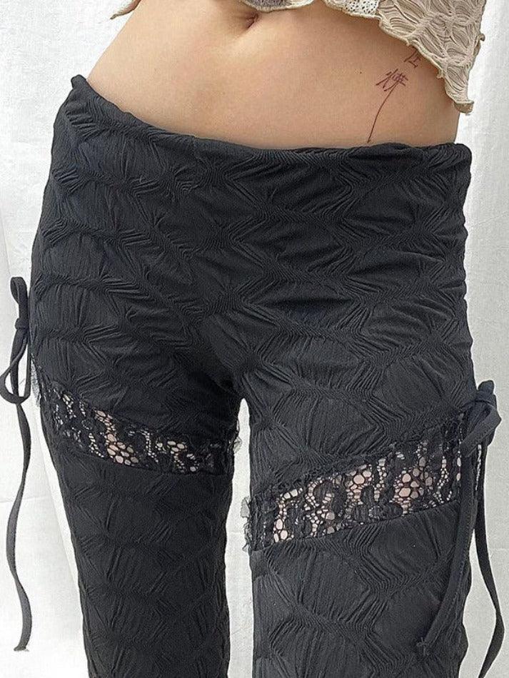 Textured Cutout Lace Splice Tie Up Flare Leg Pants