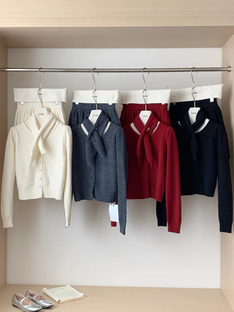 BXOXO Autumn Korean Gentle Elegant Loose 3 Piece Set Women Knitt Heart Button Cardigan+Scarf+Elastic Waist Pleated Skirts Casual Suit