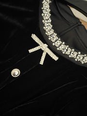 BXOXO Autumn Winter French Elegant Velvet Short Dress Women Retro Bow Button Rivet Zipper Evening Dress Female Chic Black Clothing New