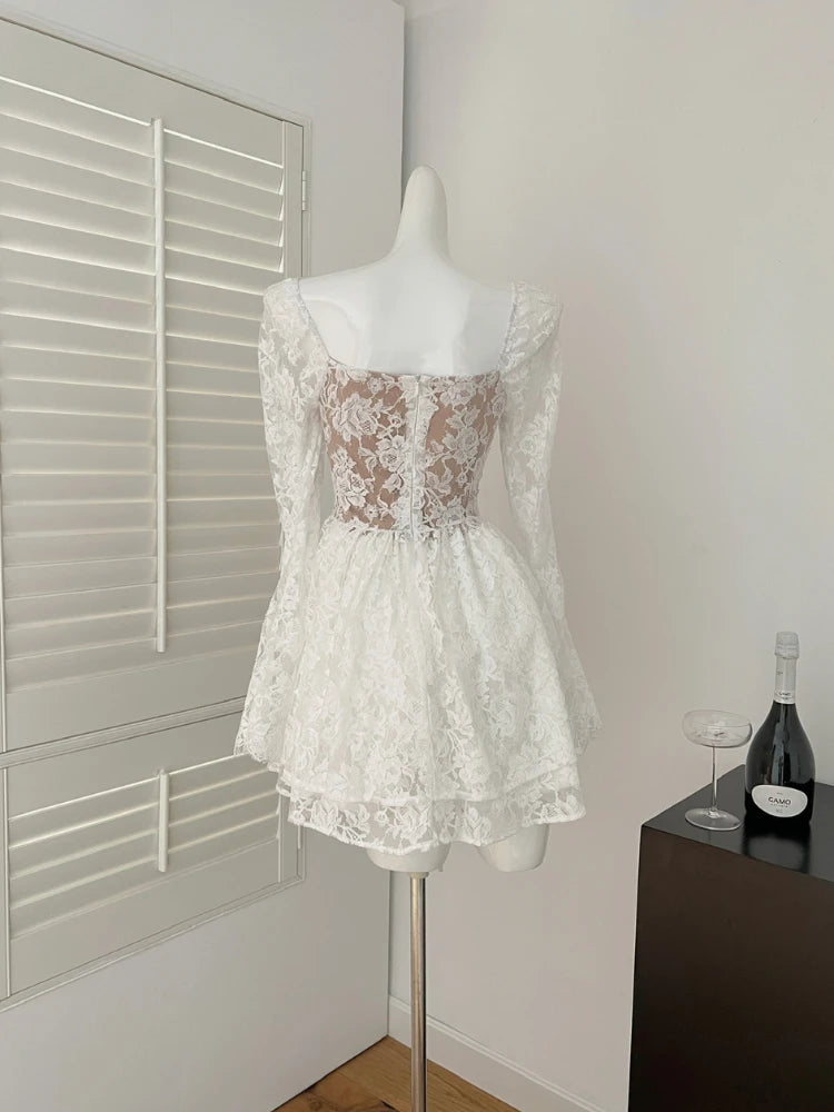 BXOXO France Elegant Fashion High End Evening Dress Women Embroidery Lace Fishbone Mini Party Dress Female Casual Chic Sexy Clothing