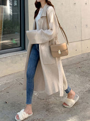 BXOXO Long Sleeves Loose Pockets Solid Color Tied Waist Notched Collar Cardigan Coats