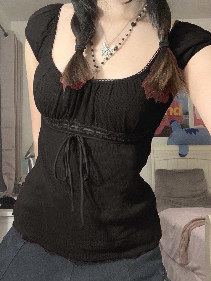 Vintage Tie Front Lace Trim Blouse