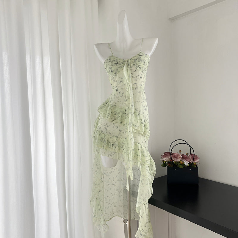 BXOXO - summer inspo Summer Dress 2025 Women Green Floral Print Sling Dress Irregular Design Female V Neck Sleeveless Dress Vestido