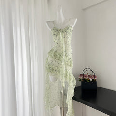 BXOXO - summer inspo Summer Dress 2025 Women Green Floral Print Sling Dress Irregular Design Female V Neck Sleeveless Dress Vestido