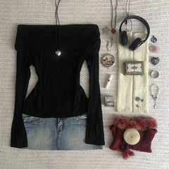 Bxoxo Solid color all-match women's long-sleeved tops streetwear chic aesthetic retro Y2K hip-hop Harajuku slim casual women tops emo