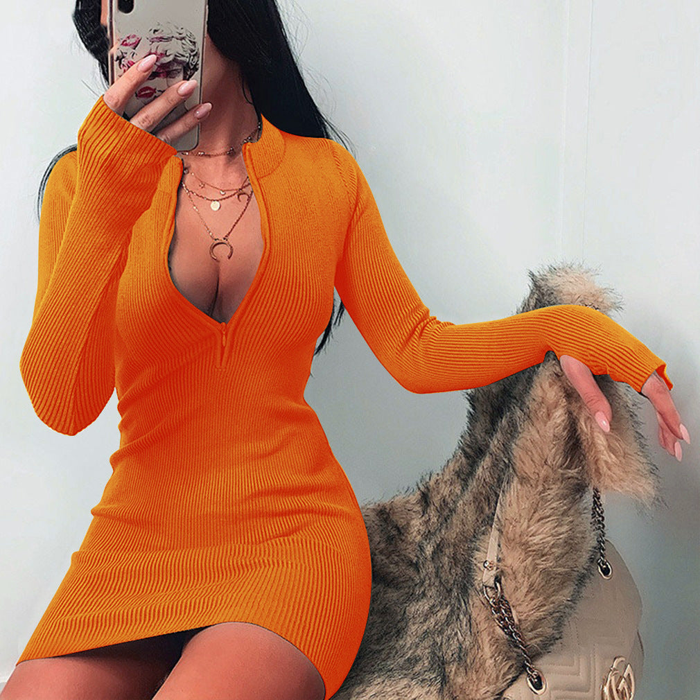dress to impress outfits Autumn and Winter Women's Neckline Zipper All-Match Sexy Long-Sleeved Dress Slim-Fit Hip Skirt