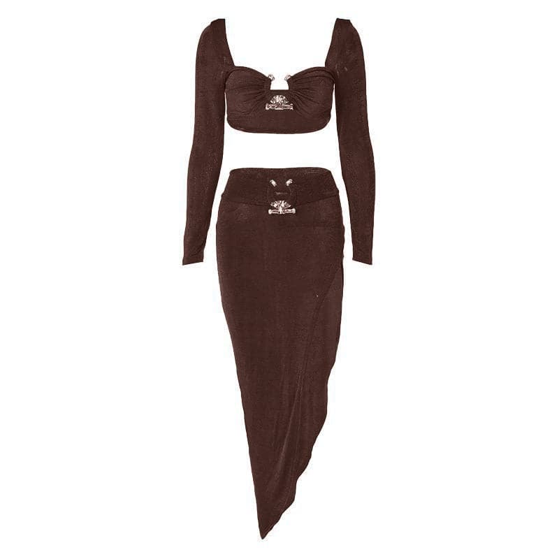 Metal Applique Irregular Solid Low Cut Long Sleeve Slit Midi Skirt Set