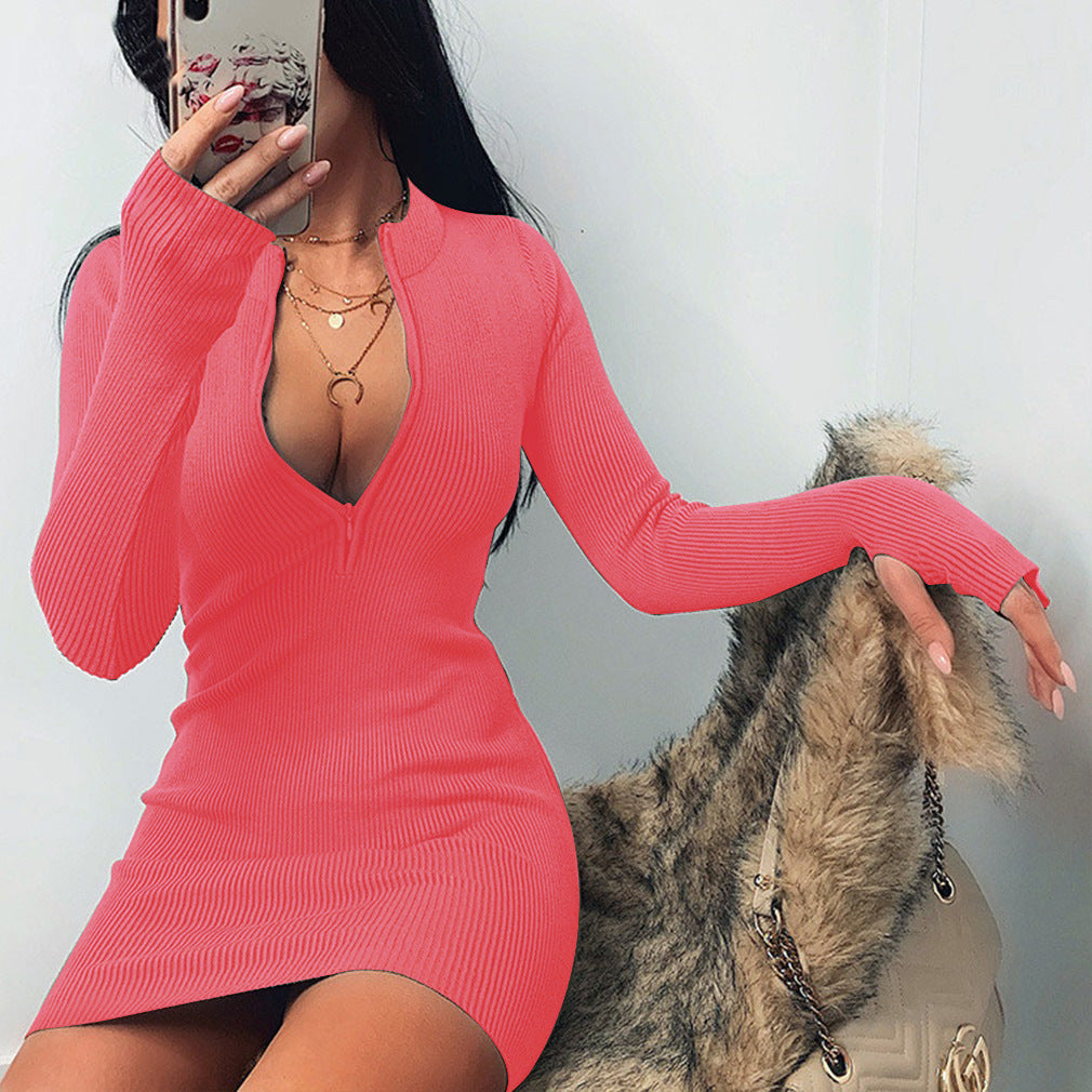 dress to impress outfits Autumn and Winter Women's Neckline Zipper All-Match Sexy Long-Sleeved Dress Slim-Fit Hip Skirt