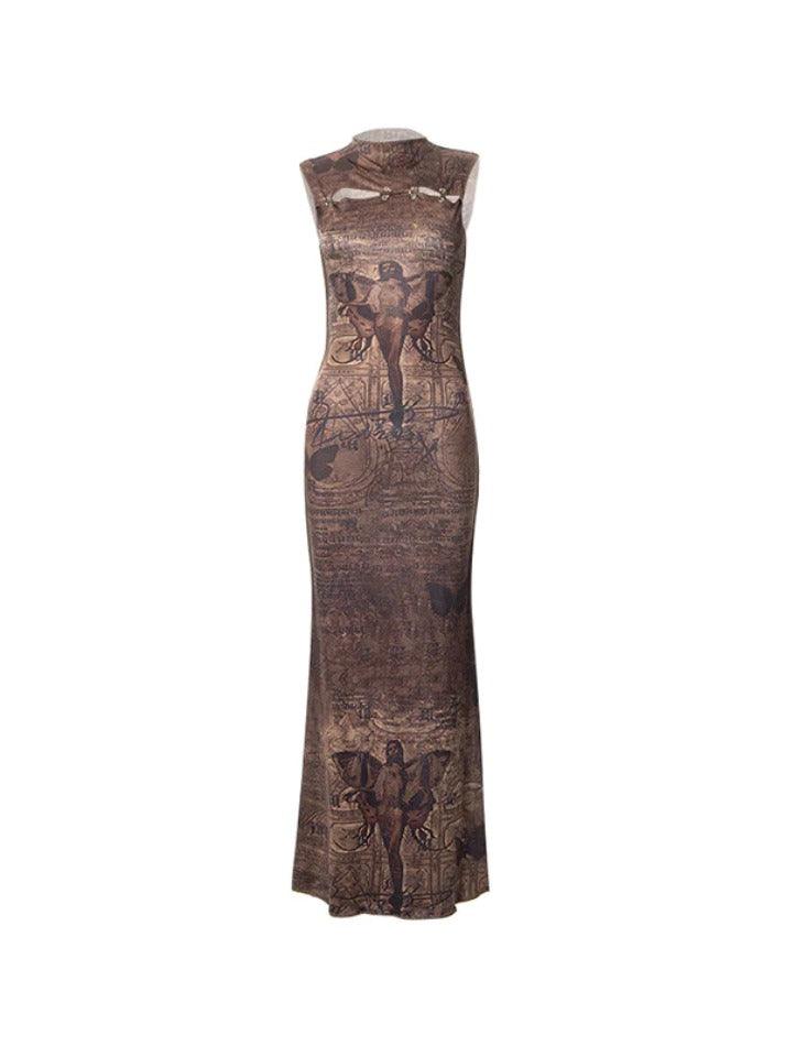 Vintage Print Cutout Sleeveless Slim Maxi Dress