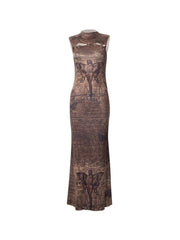 Vintage Print Cutout Sleeveless Slim Maxi Dress