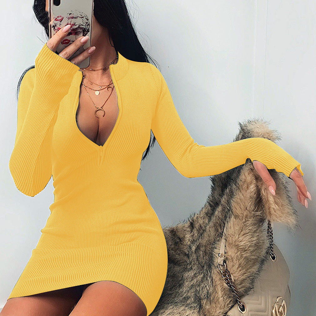 dress to impress outfits Autumn and Winter Women's Neckline Zipper All-Match Sexy Long-Sleeved Dress Slim-Fit Hip Skirt
