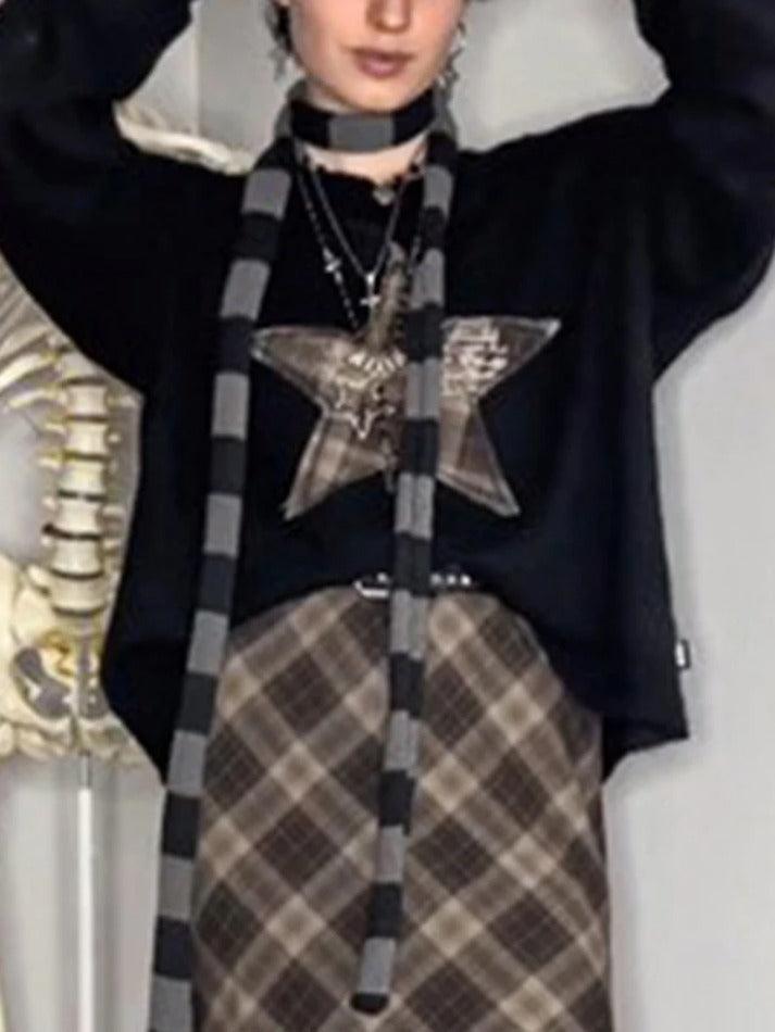 Vintage Plaid Star Patch Crew Neck Long Sleeve Knit