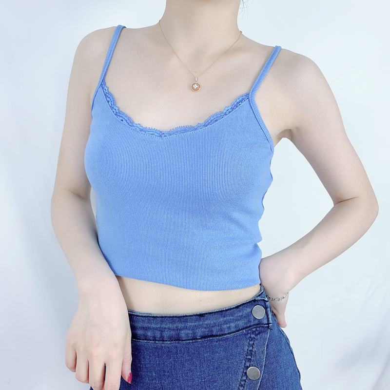 summer outfits inspo 2024ins Slim-Fit Backless Camisole Knitted Thread Eyelash Collar Vest Solid Color Blue Vest