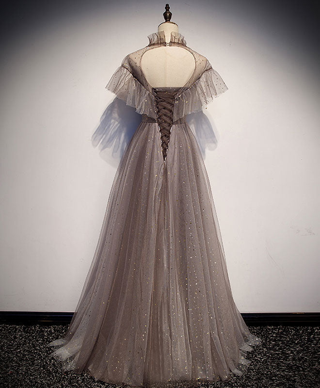 BXOXO Unique Tulle Long Prom Dress, Tulle Gray Evening Dress